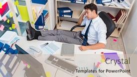  Presentation with piles - Presentation design consisting of businessman working in the office with piles of books and papers background and a soft green colored foreground