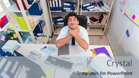  Presentation with piles - Colorful presentation design enhanced with businessman-working-in-the-office backdrop and a light blue colored foreground