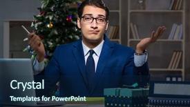 Presentation with late - PPT theme having businessman working late on christmas day in office background and a navy blue colored foreground