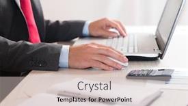  Presentation with computer - PPT layouts having businessman-working-on-a-computer background and a soft green colored foreground