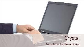  Presentation with cyber stalking computer laptop suffering - Presentation design featuring hand operating keyboard - businessman working on a laptop background and a lemonade colored foreground