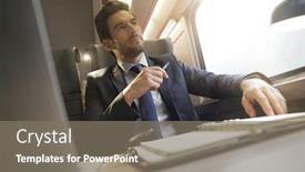  Presentation with train - Colorful slide deck enhanced with businessman working on a train in business class backdrop and a gray colored foreground