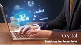  Presentation with business laptop globe satellite - Beautiful PPT theme featuring businessman-working-on-laptop-business backdrop and a tawny brown colored foreground