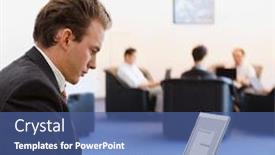  Presentation with lobby - PPT theme with businessman working on laptop computer at office lobby background and a ocean colored foreground