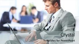  Presentation with cyber stalking computer laptop suffering - Presentation theme consisting of businessman working on laptop computer background and a light gray colored foreground