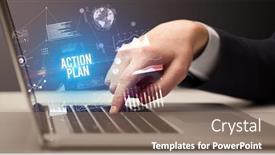 Presentation with action plan - Theme featuring businessman-working-on-laptop background and a violet colored foreground