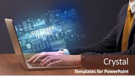  Presentation with software testing - Beautiful theme featuring businessman-working-on-laptop backdrop and a tawny brown colored foreground