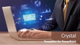 Presentation with business training - Theme having businessman-working-on-laptop background and a coral colored foreground