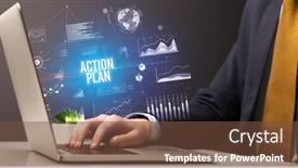  Presentation with action plan - Beautiful PPT theme featuring businessman-working-on-laptop backdrop and a tawny brown colored foreground