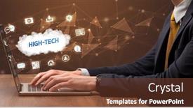  Presentation with high tech technology - Colorful slide deck enhanced with businessman-working-on-laptop backdrop and a tawny brown colored foreground