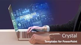  Presentation with cyber - Slide deck featuring businessman-working-on-laptop background and a violet colored foreground