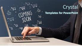  Presentation with coming soon - Theme enhanced with businessman-working-on-laptop background and a tawny brown colored foreground