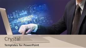  Presentation with software testing - PPT layouts with businessman-working-on-laptop background and a soft green colored foreground