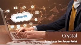  Presentation with laptop - Colorful PPT theme enhanced with businessman-working-on-laptop backdrop and a tawny brown colored foreground