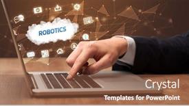  Presentation with robotics - Amazing slide deck having businessman-working-on-laptop backdrop and a tawny brown colored foreground