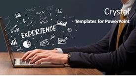  Presentation with business experience - PPT theme consisting of businessman-working-on-laptop background and a tawny brown colored foreground