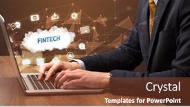  Presentation with fintech - Beautiful presentation theme featuring businessman-working-on-laptop backdrop and a tawny brown colored foreground