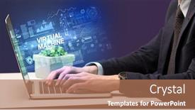  Presentation with virtual technology - Presentation theme enhanced with businessman-working-on-laptop background and a coral colored foreground
