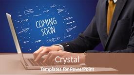  Presentation with coming soon - Theme enhanced with businessman-working-on-laptop background and a coral colored foreground
