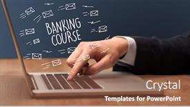  Presentation with online banking - Colorful presentation design enhanced with businessman-working-on-laptop backdrop and a tawny brown colored foreground