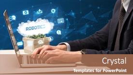  Presentation with robotics - Amazing presentation design having businessman-working-on-laptop backdrop and a coral colored foreground