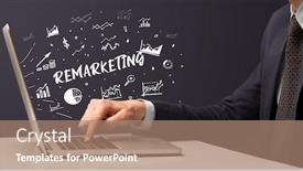  Presentation with laptop - Cool new PPT theme with businessman-working-on-laptop backdrop and a coral colored foreground