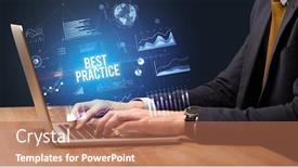  Presentation with best practice - PPT theme featuring businessman-working-on-laptop background and a coral colored foreground