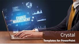  Presentation with business change - Colorful slide set enhanced with businessman-working-on-laptop backdrop and a tawny brown colored foreground