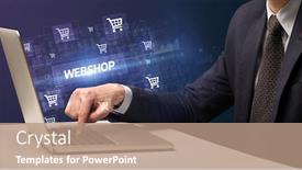  Presentation with webshop - Slide set with businessman-working-on-laptop background and a coral colored foreground