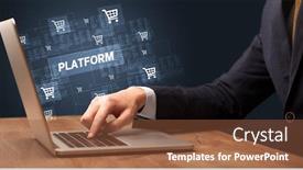  Presentation with online shopping - Presentation theme having businessman-working-on-laptop background and a tawny brown colored foreground
