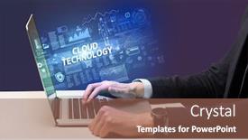  Presentation with cyber - Slide deck with businessman-working-on-laptop background and a violet colored foreground