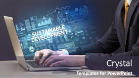  Presentation with sustainable development - Cool new PPT layouts with businessman-working-on-laptop backdrop and a tawny brown colored foreground