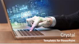  Presentation with cloud gaming - Amazing PPT theme having businessman-working-on-laptop backdrop and a tawny brown colored foreground