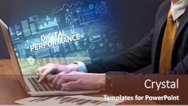  Presentation with performance - Colorful slide set enhanced with businessman-working-on-laptop backdrop and a tawny brown colored foreground