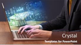  Presentation with cyber - Colorful slides enhanced with businessman-working-on-laptop backdrop and a tawny brown colored foreground