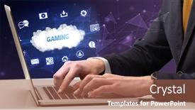  Presentation with gaming - PPT theme having businessman-working-on-laptop background and a coral colored foreground