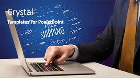  Presentation with online shopping - Cool new slide deck with businessman-working-on-laptop backdrop and a ocean colored foreground