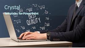  Presentation with online shopping - Theme featuring businessman-working-on-laptop background and a ocean colored foreground