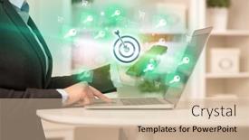  Presentation with business laptop globe - Slide deck with businessman-working-on-laptop background and a soft green colored foreground