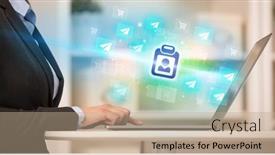  Presentation with laptop - Presentation theme featuring businessman-working-on-laptop background and a coral colored foreground