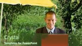  Presentation with under umbrella - Amazing PPT layouts having businessman working outdoors hiding from the sun under umbrella backdrop and a tawny brown colored foreground