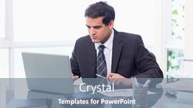  Presentation with notebook - PPT theme consisting of businessman working with a notebook in his office background and a gray colored foreground