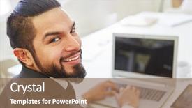  Presentation with computer - Amazing PPT theme having businessman working with laptop computer backdrop and a  colored foreground