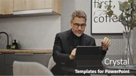  Presentation with business office desk - Presentation featuring businessman-working-with-tablet-computer background and a dark gray colored foreground