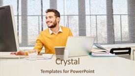  Presentation with computers - Presentation theme with businessman working with two computer background and a  colored foreground