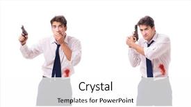  Presentation with wounded - PPT theme featuring businessman wounded in gun fight background and a white colored foreground