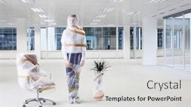  Presentation with new office - Cool new presentation with businessman-wrapped-in-bubble-wrap backdrop and a light gray colored foreground