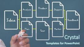  Presentation with flowchart - Colorful presentation design enhanced with businessman writing a flowchart about business terms on blue background backdrop and a ocean colored foreground