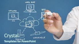  Presentation with graphic - Cool new PPT layouts with businessman writing graphic against blue background with vignette backdrop and a ocean colored foreground