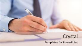  Presentation with writing pen - PPT theme consisting of businessman writing in a document background and a lemonade colored foreground